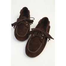 Benetton Kahve Süet Boncuk Detaylı Bağcıklı Kadın Loafer Ayakkabı