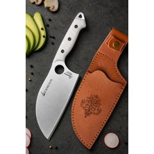 SÜRMENOX Sürmene Serisi K Almazan Mutfak Şef Bıçağı Beyaz Verzalit Sap Kamp Outdoor Bıçak Deri Kılıflı HDS-151