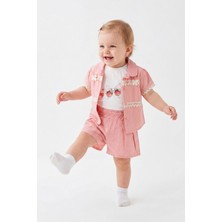 Joy Kids Kız Bebek Dantel Işlemeli 3 Parça Lüx Keten Takım (6-24AY) (Pembe)