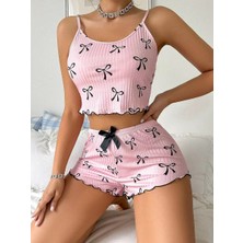 Fta Ticaret Pembe Fiyonklu Askılı Şortlu Kadın Pijama Takımı, Yumuşak Kumaş, Şık Detaylar