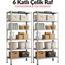 Alanraf Çelik Raf 6 Katlı 2'li 31X75X200 & 31X93X200CM Raf Sistemi, Depo Rafı, Arşiv Rafı, Kiler Rafı, Çok Amaçlı Raf