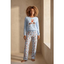Bony Socks Kadın Sweet Dreams Kutulu Geyik Desenli Mavi Pijama Takımı