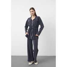 Basic Park Lacivert Tencel Akışkan Doku Beli Ayarlanabilir Ön Dikişli Ceket Pantolon Takım