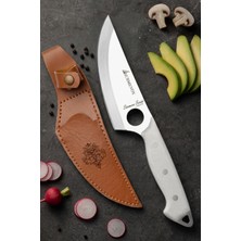 SÜRMENOX Sürmene Serisi Sivri Mutfak Şef Bıçağı Beyaz Verzalit Sap Kamp Outdoor Bıçak Deri Kılıflı HDS-154