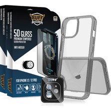 Buff Labs Buff iPhone 12 Avantaj Paket - 2X5D Ekran Koruyucu + Şeffaf Kılıf + Lens Koruyucu Anti-Hacker
