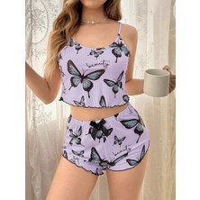 Fta Ticaret Mor Renk Kelebek Desenli Şortlu Ev Giyim Takımı,kadın Yazlık Askılı Pijama, Raha