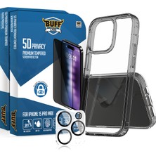 Buff Labs Buff iPhone 15 Pro Max Avantaj Paket - 2X5D Ekran Koruyucu + Siyah Kılıf + Lens Koruyucu Privacy