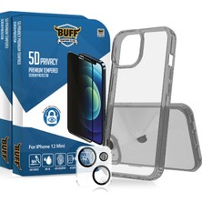Buff Labs Buff iPhone 12 Mini Avantaj Paket - 2X5D Ekran Koruyucu + Şeffaf Kılıf + Lens Koruyucu Privacy