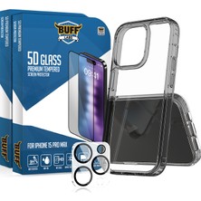 Buff Labs Buff iPhone 15 Pro Max Avantaj Paket - 2X5D Ekran Koruyucu + Siyah Kılıf + Lens Koruyucu Glass