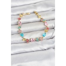 AyrStore Buğz Kristal Taşlı Baget ve Damla Kesimli Karışık Renkli Gold Renk Gema Kadın Bileklik