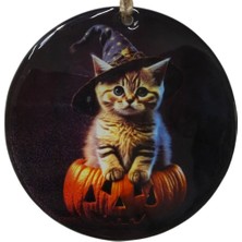 Mixperi Sihirbaz Kedi Temalı Cam Kapı Süsü - Hediyelik Halloween Dekorasyonu - 12 cm