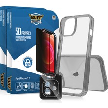 Buff Labs Buff iPhone 12 Avantaj Paket - 2X5D Ekran Koruyucu + Şeffaf Kılıf + Lens Koruyucu Privacy
