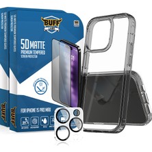 Buff Labs Buff iPhone 15 Pro Max Avantaj Paket - 2X5D Ekran Koruyucu + Siyah Kılıf + Lens Koruyucu Matte