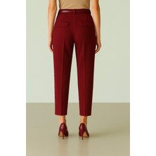 Moda Morfo Beli Kemerli Çift Cepli Pantolon  -Bordo