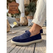 Ebrus Trend ET0251 İçi Dışı Hakiki Deri Erkek Lacivert Süet Casual Loafer Kauçuk Rahat Taban Dikişli Ayakkabı