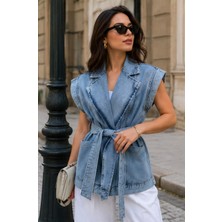 Qimya Butik Levure Kadın Kemeri ve Kol Uçları Zımba Detaylı Açık Kruvaze Bol Oversize Kot Yelek