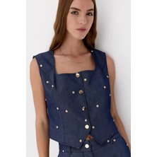 Lencie Işlemeli Denim Görünümlü Yelek Lacivert