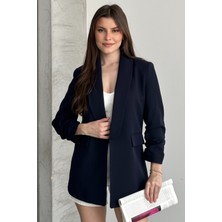 Moda Armanc Kadın Blazer Ceket Büzgülü Kol Detaylı Şık Ofis Ceket Kruvaze Yaka