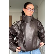 Moda Armanc Kadın Zr Model Dik Yaka Fermuarlı Deri Ceket - Yeni Sezon Siyah Oversize Ceket