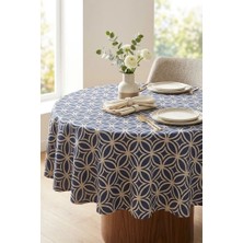 Rona Home Premium Kalite Mavi Beyaz Yuvarlak Masa Örtüsü Geometrik Desenli Leke Tutmaz Kumaş Şık Salon Örtüsü
