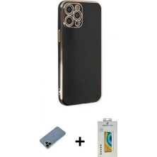 Marsilyan™- iPhone 12 Pro Kılıf Yankı Serisi - Siyah Polymer Nano Ekran Koruyucu + Shine Kamera Lens Koruma Cam - Sh
