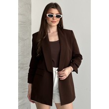 Moda Armanc Kadın Blazer Ceket Büzgülü Kol Detaylı Şık Ofis Ceket Kruvaze Yaka