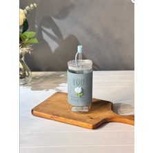 Lumindra  Minnoş 350ML Cam Pipetli Bardak | Kapaklı | Süet Kılıflı Soğuk Kahve Smoothie Sunum Bardağı (A)