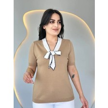 Aymood Kadın Kısa Kollu V Yaka Fular Detay Merserize Triko Bbluz