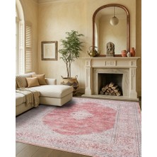 Pera Halı Geleneksel Floral Madalyon Desenli Pembe ve Gri Eskitme Halı - AR1008CP
