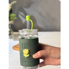 Lumindra  Minnoş 350ML Cam Pipetli Bardak | Kapaklı | Süet Kılıflı Soğuk Kahve Smoothie Sunum Bardağı (B)