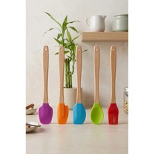 Kitchen Life 5'li Silikon ve Bambu Saplı Mutfak Gereçleri Seti-Spatula,fırça Servis Maşa Seti