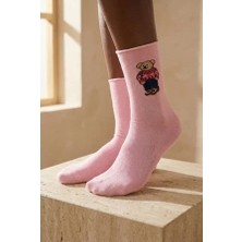 Bony Socks Kadın Teddy Desenli Lastiksiz Modal Soket Çorap Açık Pembe