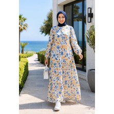 Harma Time Butik Kadın Düğmeli Desenli Modal Kumaş Mavi Elbise