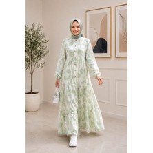 Harma Time Butik Kadın Düğmeli Desenli Modal Kumaş Haki Elbise