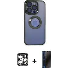 Marsilyan™- iPhone 15 Pro Max Kılıf Pusula Form - Siyah 3D Antistatik Hayalet Cam Ekran Koruyucu + Pvd Metal Kamera Lens - Gs
