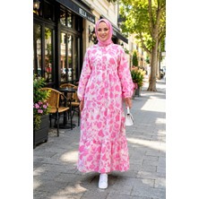 Harma Time Butik Kadın Düğmeli Desenli Modal Kumaş Pembe Elbise