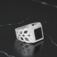 Mirari Jewelry Kare Oniks Taşlı Zincir Form Erkek Yüzük | Premium 0,40 Mikron Gümüş Kaplama