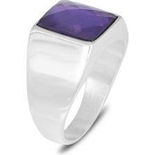 Mirari Jewelry Kare Faset Kesim Ametist Taşlı Sade Model Erkek Yüzük | Premium 0,40 Mikron Gümüş Kaplama