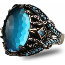 Mirari Jewelry Akuamarin Taşlı Işlemeli Erkek Yüzük | Premium 0,40 Mikron Gümüş Kaplama