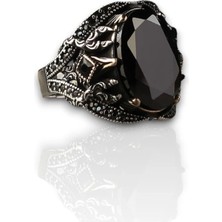 Mirari Jewelry Siyah Zirkon Taşlı Osmanlı Motifli Erkek Yüzük | Premium 0,40 Mikron Gümüş Kaplama
