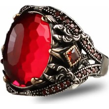 Mirari Jewelry Kırmızı Zirkon Taşlı Osmanlı Motifli Erkek Yüzük | Premium 0,40 Mikron Gümüş Kaplama