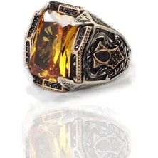 Mirari Jewelry Büyük Sitrin Taşlı Siyah Zirkon Taş Detaylı Erkek Yüzük | Premium 0,40 Mikron Gümüş Kaplama