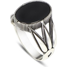 Mirari Jewelry Oval Oniks Taşlı El Işçiliği Detaylı Erkek Yüzük | Premium 0,40 Mikron Gümüş Kaplama