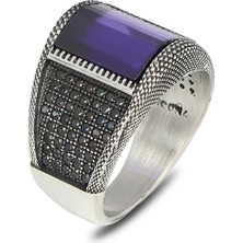 Mirari Jewelry Ametist Taşlı Mikro Zirkon Detaylı Erkek Yüzük | Premium 0,40 Mikron Gümüş Kaplama