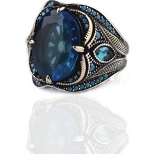 Mirari Jewelry Blue Topaz Taşlı Desenli Işlemeli Erkek Yüzük | Premium 0,40 Mikron Gümüş Kaplama