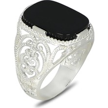 Mirari Jewelry Oniks Taşlı Desenli Erkek Yüzük |premium 0,40 Mikron Gümüş Kaplama