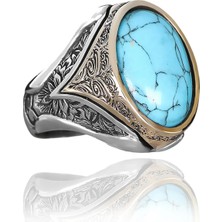 Mirari Jewelry Firuze Taşlı Erkek Yüzük Gold Detaylı Oval Klasik Tasarım | Premium 0,40 Mikron Gümüş Kaplama