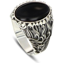 Mirari Jewelry Vintage Desenli Siyah Oniks Taşlı Erkek Yüzük | Premium 0,40 Mikron Gümüş Kaplama