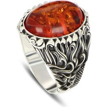 Mirari Jewelry Vintage Desenli Kehribar Taşlı Erkek Yüzük | Premium 0,40 Mikron Gümüş Kaplama