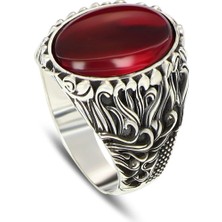 Mirari Jewelry Vintage Desenli Kırmızı Zirkon Taşlı Erkek Yüzük | Premium 0,40 Mikron Gümüş Kaplama